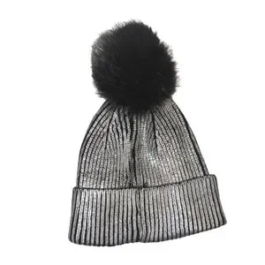 NWT Glamourpuss Metallic Silver Genuine Fur Beanie Hat w/ Crystal Embell… Icelandic Knit Wool Double Cuff Beanie Hat with Silver Fox  main image 4